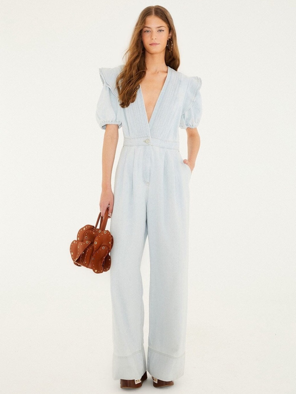 FARM Rio Light Blue Puff Sleeve Wide-Leg Jumpsuit